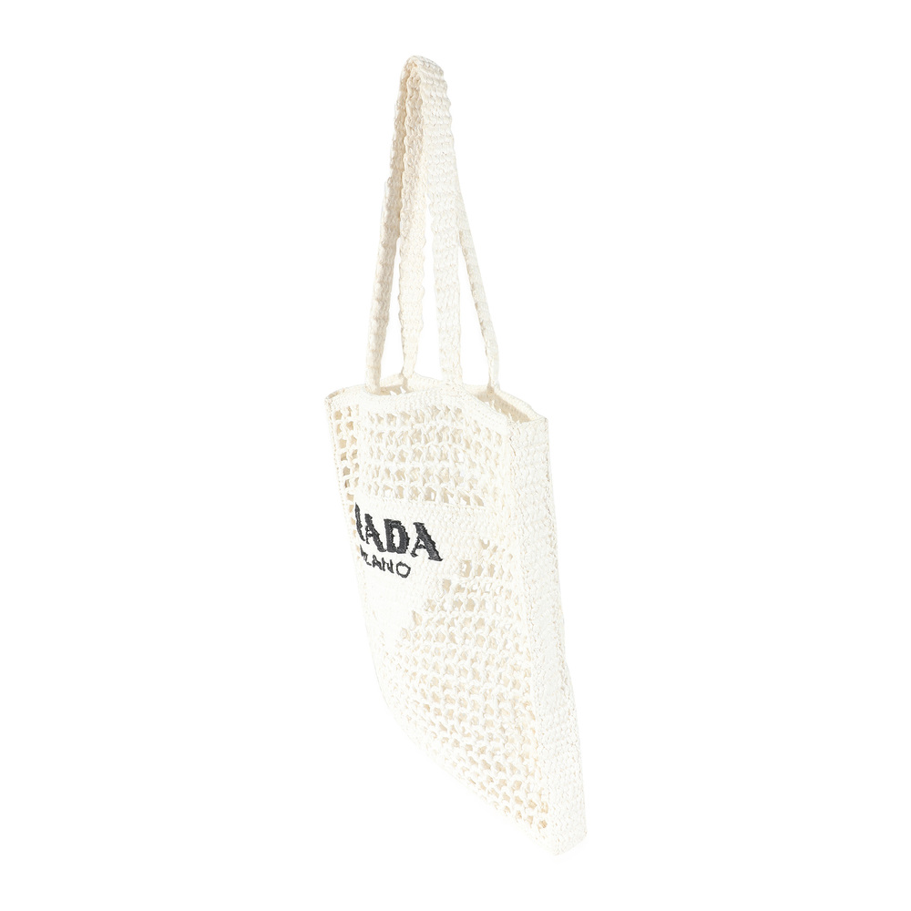 Prada White Raffia Crochet Triangle Logo Tote - Picture 4 of 7